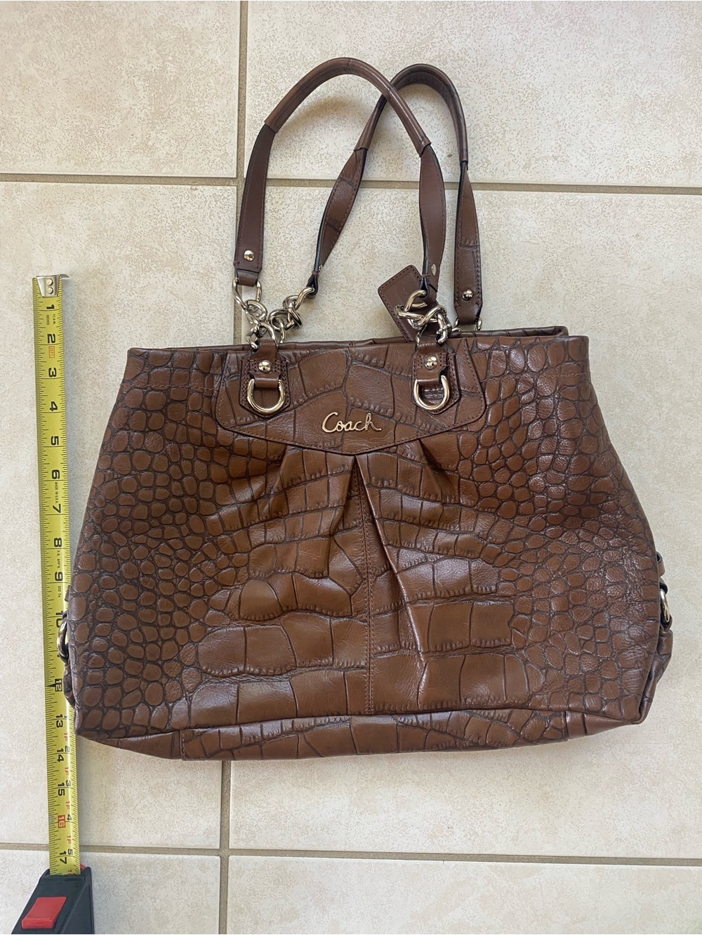 Coach Brown Croc-Embossed Shoulder Bag with Gold Hardware